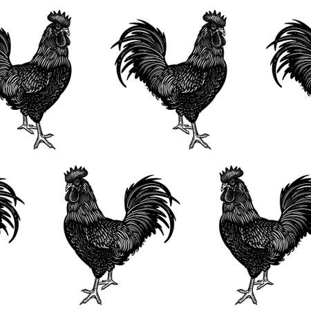 Seamless pattern. Rooster images. Decorative background with cocks. Domestic bird. Farm animals series. Vector illustration of poultry. Black and white graphics. Vintage sketch.のイラスト素材