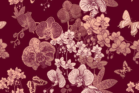 Floral seamless pattern. Exotic tropical flowers orchids and butterflies. Vector illustration. Vintage.のイラスト素材