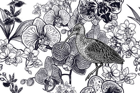 Black and white floral seamless pattern. Exotic tropical flowers orchids and birds. Vector illustration. Vintage. Flower background for fabrics, paper, wallpaper, textile and other.のイラスト素材