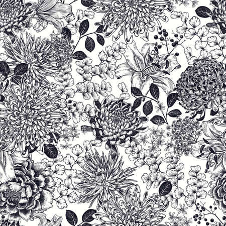 Autumn flowers with branches, berries and leaves. Floral seamless pattern. Black graphic arts on white background. Chrysanthemums, lilies and asters. Vector illustration. Vintage engraving.の写真素材