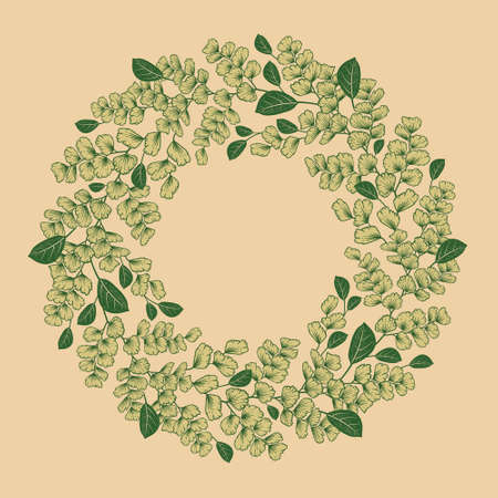 Vintage wreath of beautiful plants. Tree foliage, branches with leaves. Vector illustration. Green color. Luxury decor for fashion design, invitations, wedding theme.のイラスト素材