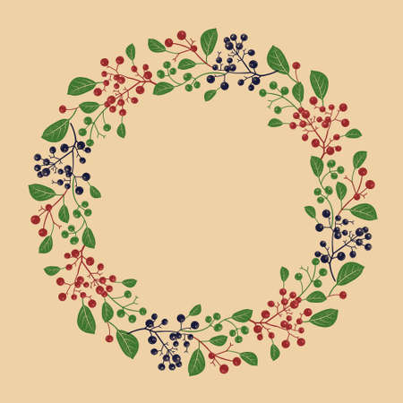 Vintage wreath of beautiful plants. Tree foliage, branches with berries and leaves. Vector illustration. Green and red color. Luxury decor for fashion design, invitations, wedding theme.のイラスト素材