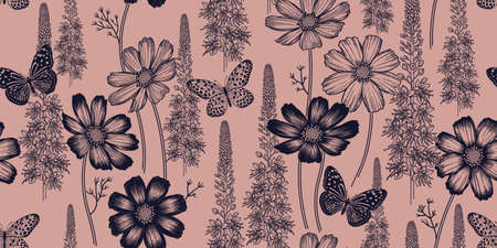 Black and pink seamless spring floral pattern. Flowering plants. Vintage vector. Cute flowers and...