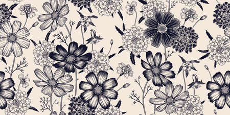 Black and white seamless spring floral pattern. Flowering plants. Vintage vector. Cute garden flowers. Victorian style. Luxurious summer textiles, paper, wallpaper decoration. Ornamental cover.のイラスト素材