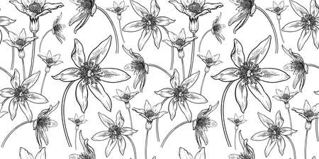 Floral seamless pattern. Vintage spring background. Vector illustration art. Lovely flowers. Black and white cover. Botanical ornament. Template for wallpaper, paper, textiles.のイラスト素材