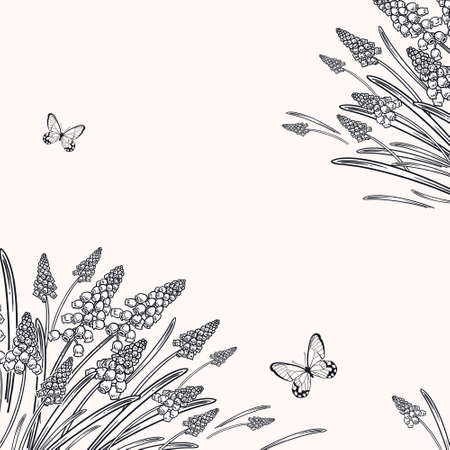 Floral pattern. Vintage card. Vintage spring background. Vector illustration art. Lovely flowers and butterflies. Botanical ornament. Black and white.のイラスト素材
