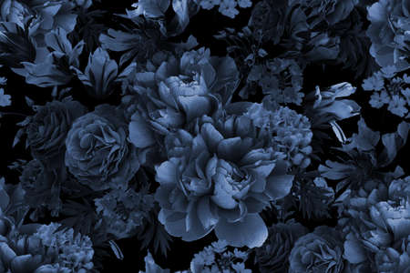Floral vintage seamless pattern. Blooming peonies, roses, tulips, garden flowers, decorative herbs,...