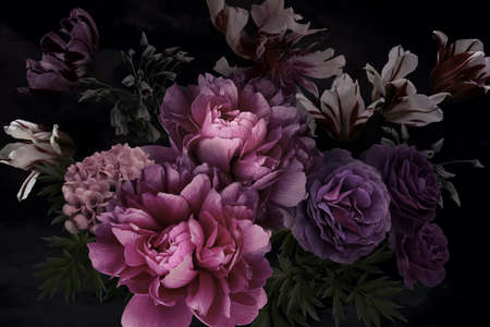 Vintage Floral Card Beautiful Garden Flowers. Peonies, Roses, Tulips Leaves, Decorative Herbs on Black Background. Template Business Cards, Covers, Cosmetics Packaging, Interior Decoration, Phone Caseの写真素材