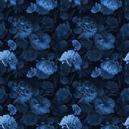 Floral summer seamless pattern. Nature illustration. Navy blue color. Blue flowers peonies and leaves on black background. Template for fabrics, summer textiles, paper, wallpaper, interior decorationの写真素材