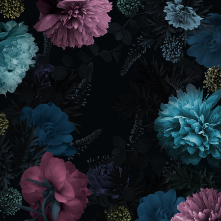 Vintage floral card. Floral frame. Peonies, tulips, branches, leaves, decorative herbs on black background. Flower illustration unusual color baroque style.の写真素材