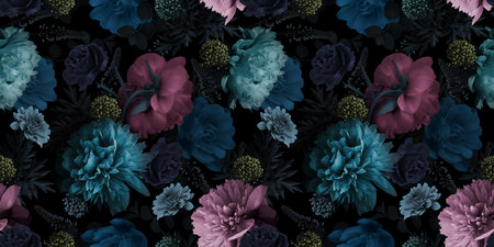 Unusual Floral summer seamless pattern. Garden peonies. Blue and pink flowers on a black background. Template for fabrics, textiles, paper, wallpaper, interior decoration. Vintage.の写真素材