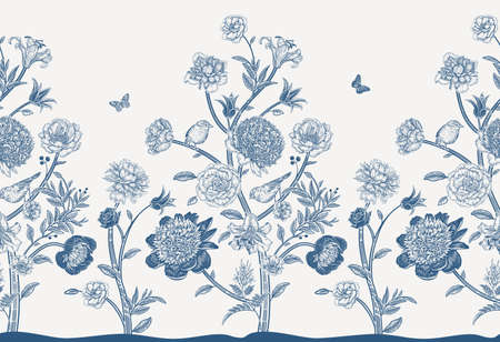 Blooming fantastic trees. Seamless pattern. Floral background. Peonies, birds and butterflies. Blue plants on a white background. Mural. Chinoiserie style. Vintage. Vector illustration.のイラスト素材