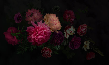 Vintage bouquet garden flowers. Peonies, roses, tulips, rhododendron, leaves, decorative herbs on black floral background. For business cards, covers, packaging, interior decoration, phone case.の写真素材