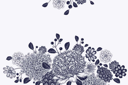 Beautiful garden flowers. Vintage card. Peonies, hydrangea, decorative herbs, leaves. Vector illustration. Black and white. Luxury decor for fashion design, design of cards, invitations, wedding themeのイラスト素材