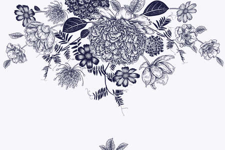 Beautiful garden flowers. Vintage card. Peonies, hydrangea, decorative herbs, leaves. Vector illustration. Black and white. Luxury decor for fashion design, design of cards, invitations, wedding themeのイラスト素材