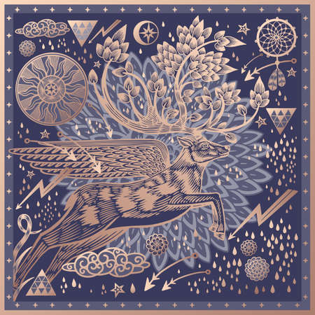 Deer with sprouted antlers and wings. Signs, symbols. Dreamcatcher, lightning, arrows, clouds, raindrops. Printed with gold foil on dark blue background. Pattern for scarves, pillows. Vector. vintage.のイラスト素材