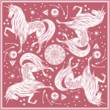 Unicorns. Arrows, stars, hearts and sun. animal pattern. vector illustration. vintage engraving. Red and white background. Template for shawls, pillows, interior.のイラスト素材