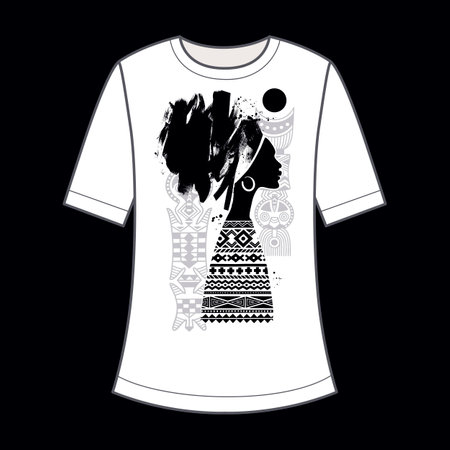 African girl in profile and African patterns silhouette. Decorative print on a T-shirt. black and white. vector illustration.のイラスト素材