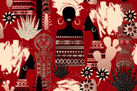 African women, African pattern and cactus flowers. BLM theme. Gold and red seamless background. Abstract brush strokes and hand drawn graphics. Vector.のイラスト素材