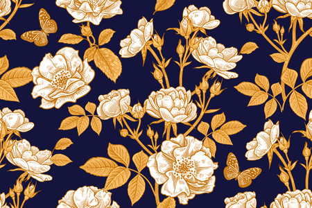Cute garden roses. Dark blue, white and gold. decorative background. Seamless floral pattern. vector art illustration. Template for textile, paper, wallpaper. vintage. victorian style.のイラスト素材
