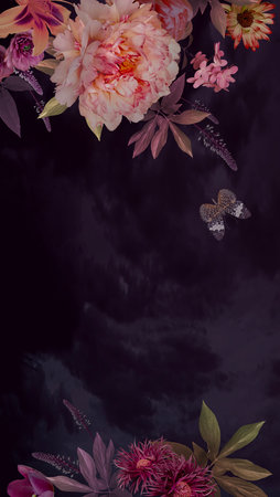 Pink peonies, tulips, asters, lilies and other flowers in bloom. Bouquet beautiful garden flowers on black. Dark floral decoration. vintage background. baroque style. vertical format.の写真素材
