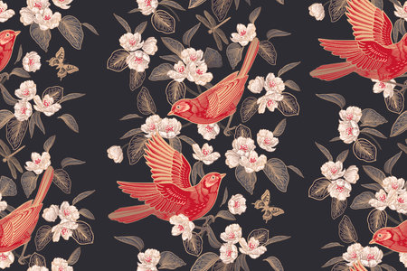 Red birds on branches, butterflies, dragonfly on black background. Flowers and leaves of Blossoming tree. Floral seamless pattern. Spring vector illustration. vintage. Template for wallpaper, paper.の写真素材