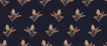 Cute flying birds. simple seamless pattern. Black background and gold foil printing. vector illustration. vintage decor.のイラスト素材
