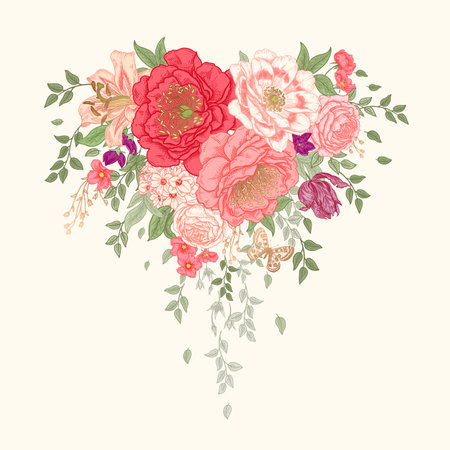 Wedding Flower Decoration heart shaped. Floral Garland and butterfly. Beautiful Garden flowers peonies, roses, lilies, branches and leaves. Bridal bouquet. Vector illustration. Vintageのイラスト素材