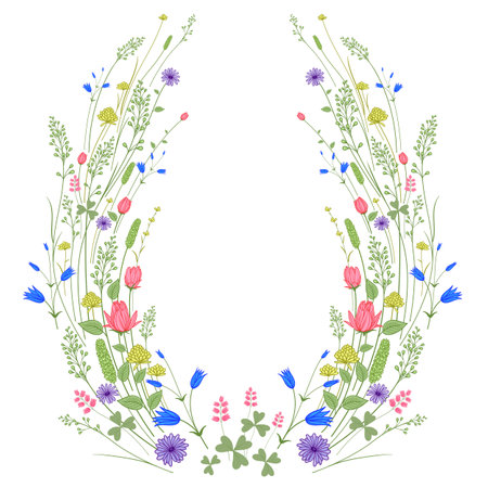 Flower wreath. Wild flowers and decorative herbs on a white background. Floral pattern. Vector illustration. Template for congratulations, invitations, wedding decor. Vintageのイラスト素材