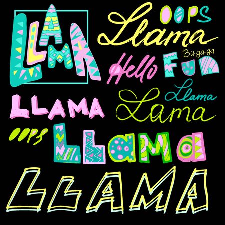 hand lettering llama and other phrases for design with lamps, bright and fun lettering for childrenのイラスト素材