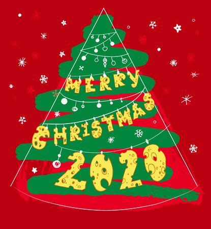 Doodle tree and inscription merry Christmas 2020 and snowflakesのイラスト素材