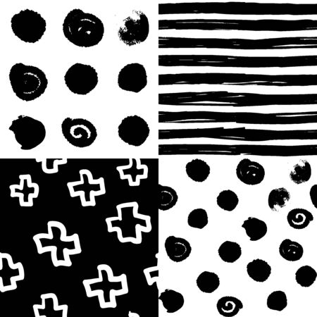 seamless black and white patterns with irregular irregular circles and crossesのイラスト素材