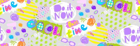 pattern with motivational phrases written by hand cool, best time, do it nowのイラスト素材
