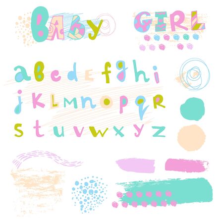 modern multicolored alphabet and design elements in the style of scrabbleのイラスト素材