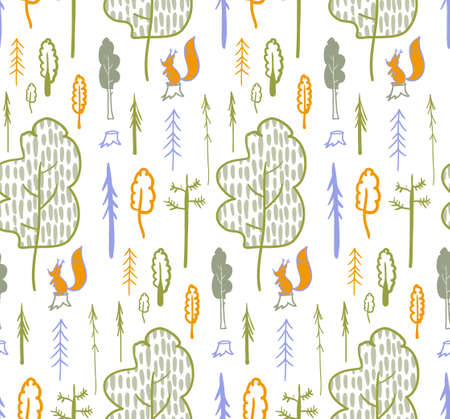 children is modern Scandi pattern with forest and squirrels on a white background