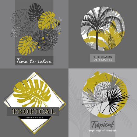 set of tropical templates with monstera leaves and inscriptionsのイラスト素材