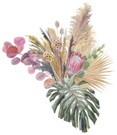 boho style bouquet of dried flowers with protea flower monsteraの写真素材