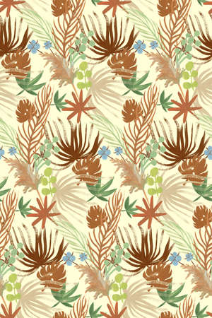 floral pattern with herbarium of tropical branches and other dried flowers on a light yellowの写真素材