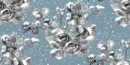 Christmas black and white seamless pattern painted in watercolor with fir branches and winter dried...