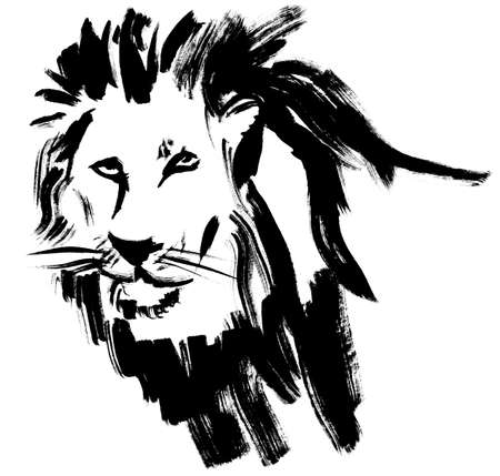 Lion head drawing painted with dry black brush isolated on white backgroundの写真素材