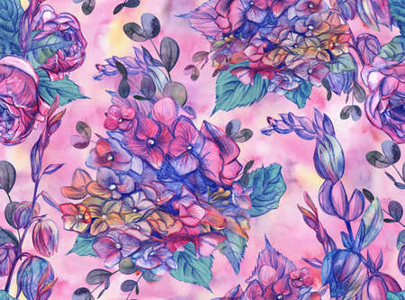 Seamless floral watercolor pattern with large pink hydrangea and rose flowers drawnの写真素材