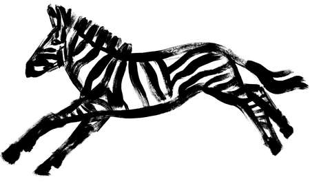 drawing of a running zebra drawn in black gouache isolated on a white backgroundの写真素材