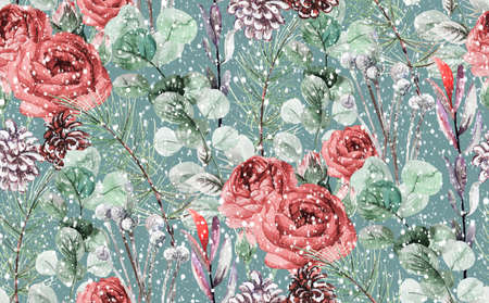 Seamless watercolor pattern with winter bouquet of red roses and fir branches and dried flowers