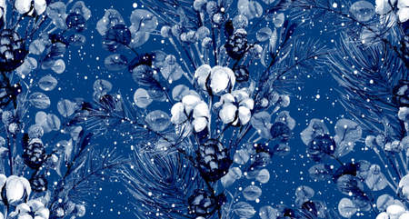 Dark blue watercolor winter pattern with sprigs of pine and dried flowers with snow