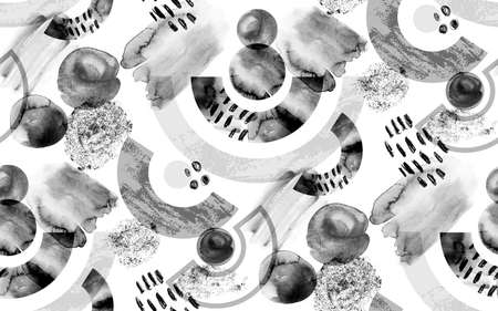 Black and white Seamless watercolor abstract pattern with circles and semicirclesの写真素材