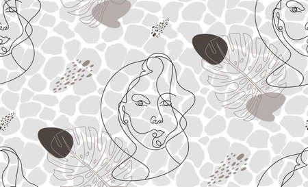 Modern seamless pattern with abstract portraits of girls and lovers in one line on an animalistic...