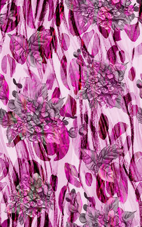 Pink Seamless botanical pattern with pink hydrangea flowers painted in watercolo