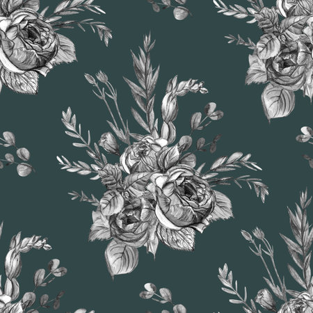 pattern with black and white rose flowers drawn in watercolor on a green backgroundの写真素材