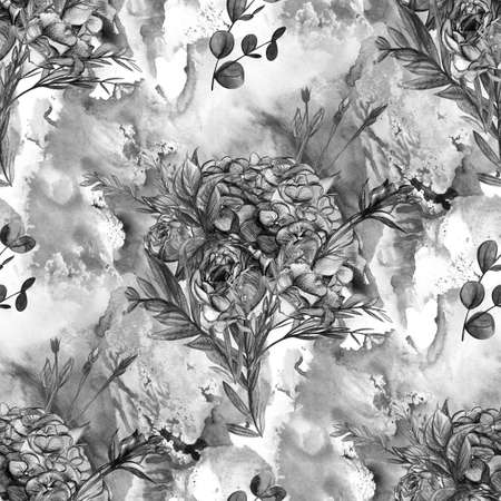 Vintage black and white seamless pattern with bouquets of rose and hydrangea flowersの写真素材