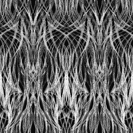 Seamless pattern with a gothic symmetrical ornament drawn with a white pencil on a black background